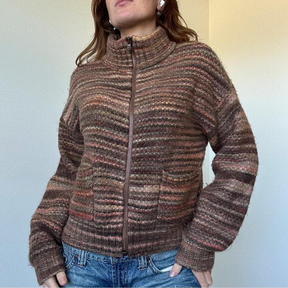 Striped warm toned zip up mock neck sweater